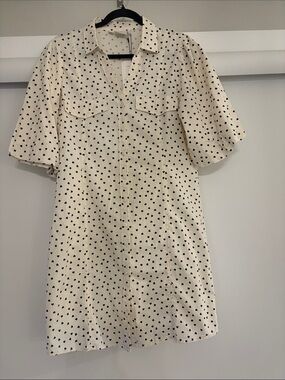 Cream Short Sleeve Button-Front Dress with Black Heart Print